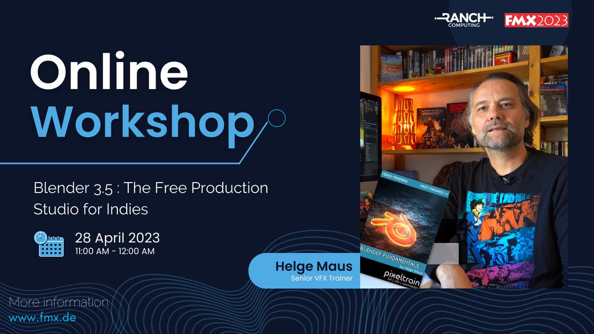 RANCHComputing's tweet photo. 🔴 FMX2023 🔴

🗓 Save the date !

Meet the Senior VFX Trainer Helge Maus on Friday 28 April for an online workshop.

More information : https://t.co/v7k3hSPAGg

#VFX #FMX2023 #Event #Rendering #blender #software #ranchcomputing #3Danimation #3D https://t.co/hpvQ0IGrut