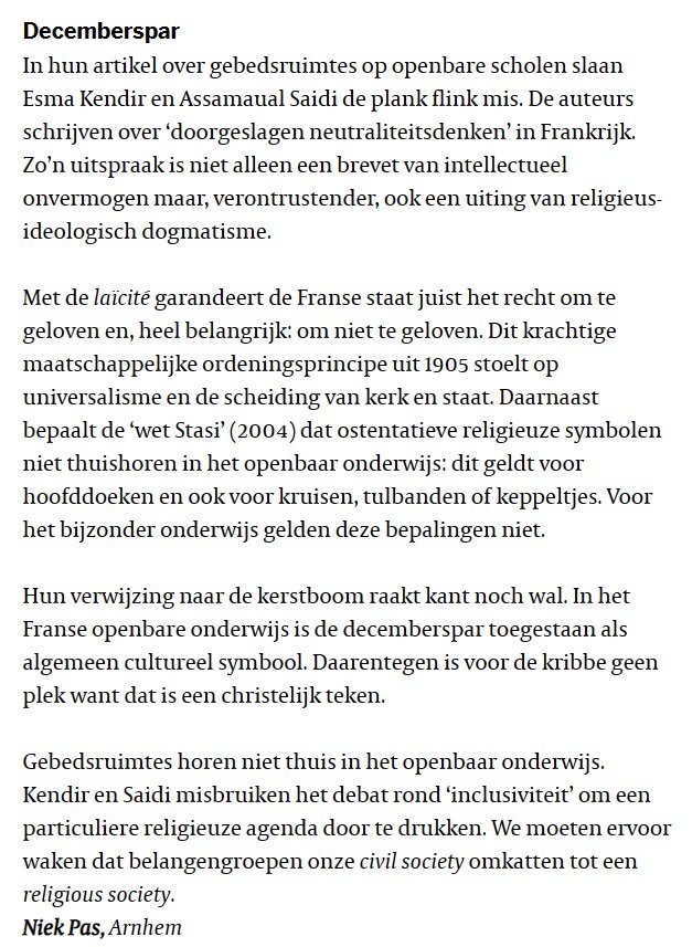 rimkovandermaar's tweet photo. Gebedsruimtes horen niet thuis in het openbaar onderwijs. 

Collegahistoricus en Frankrijkkenner Niek Pas legt uit waarom, in @volkskrant https://t.co/Mj7jBpKiSg