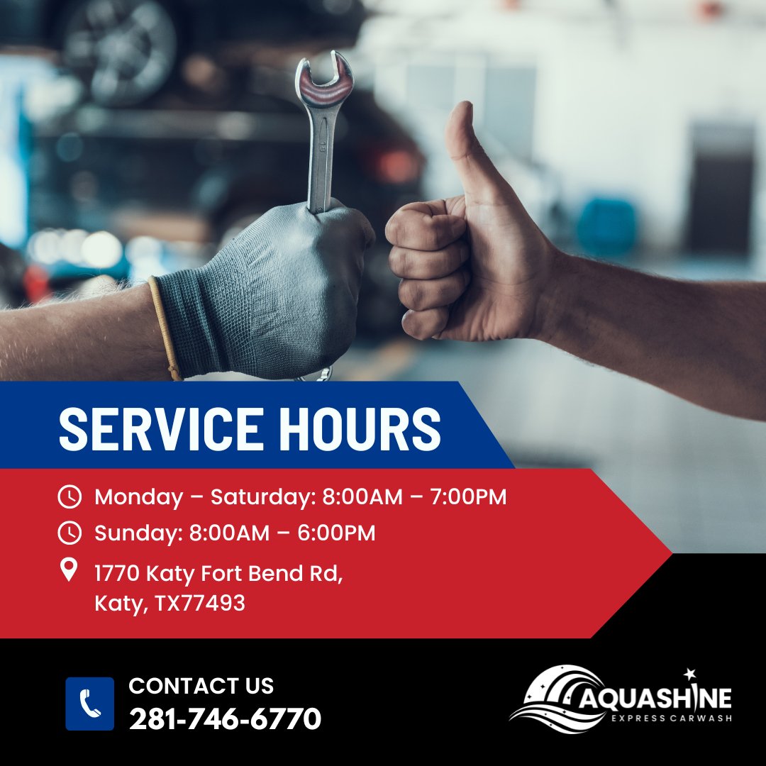 Seven days a week, rain or shine, we're here for you and your car! We’re open daily to keep your ride looking its best.  🤝

#servicehours #opendaily #autocare #autocarecenter #carwash #carwashtexas #texas #detailingservices #aquashinecarwash