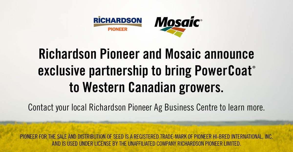Richardson_INTL's tweet photo. We are excited to announce our exclusive partnership with @MosaicCompany to bring our customers an innovative crop nutrition solution: #PowerCoat.
PowerCoat is now available at Richardson Pioneer Ag Business Centres across Western Canada. https://t.co/MjrbjCQpN7