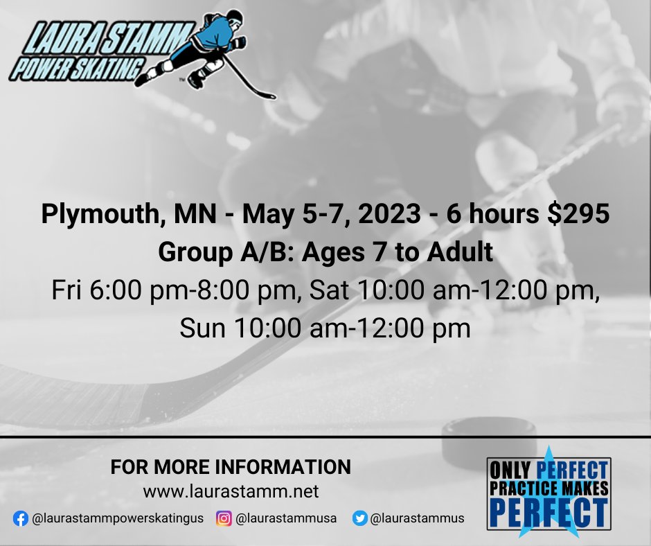 LauraStammUS's tweet image. Next stop, Plymouth, MN!  Join us at the Plymouth Ice Center on May 5-7 and take your skating to the next level. ⏫

Register here bit.ly/3mHurzC

#PlymouthIceCenter #PlymouthMN #LauraStrammPowerSkating #PowerSkating #HockeySkating #SkatingTechnique #SkatingClinic