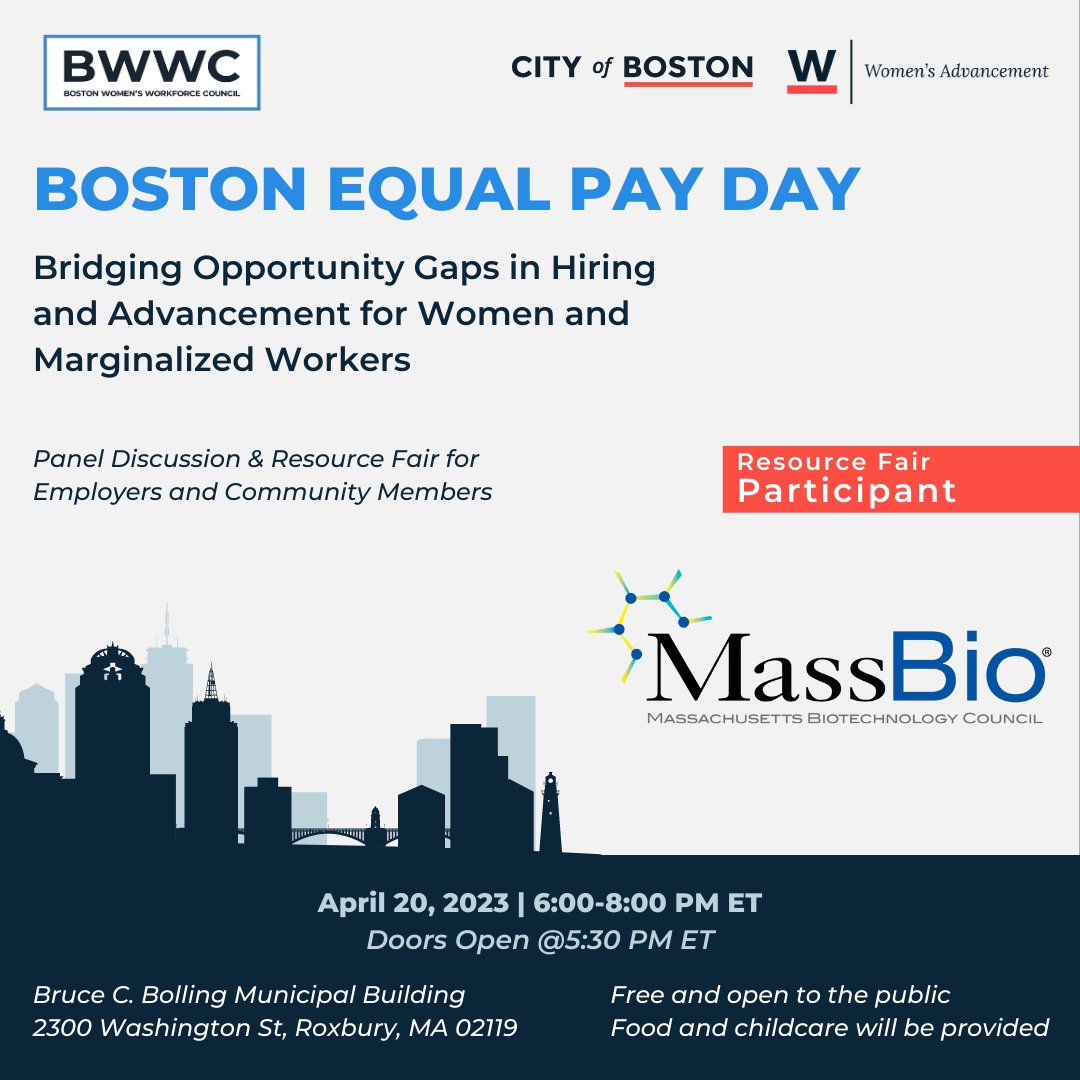 MassBio's tweet photo. Recognizing #BEPD, the day Boston women will earn the same as men the previous year, and our commitment to gender & racial equity, we are excited to participate in the BEPD Resource Fair today. Stop by our table and register to attend the event: https://t.co/X5E9KXFNpp https://t.co/Z5uia2ABiZ