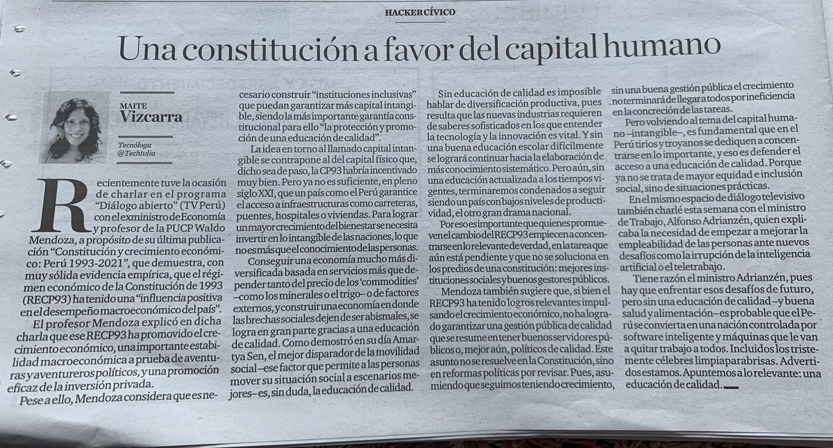 Techtulia's tweet photo. #HackerCivico vía @elcomercio_peru y a propósito del libro de @WaldoMendozaB, qué necesita en verdad proteger la CP93? Lo q es verdaderamente inclusivo para mejorar nuestras vidas a largo plazo: educación de calidad. Cómo crear #capitalIntangible? Aquí >> https://t.co/OuR5iGtCY0 https://t.co/PxJkZ0BfLc