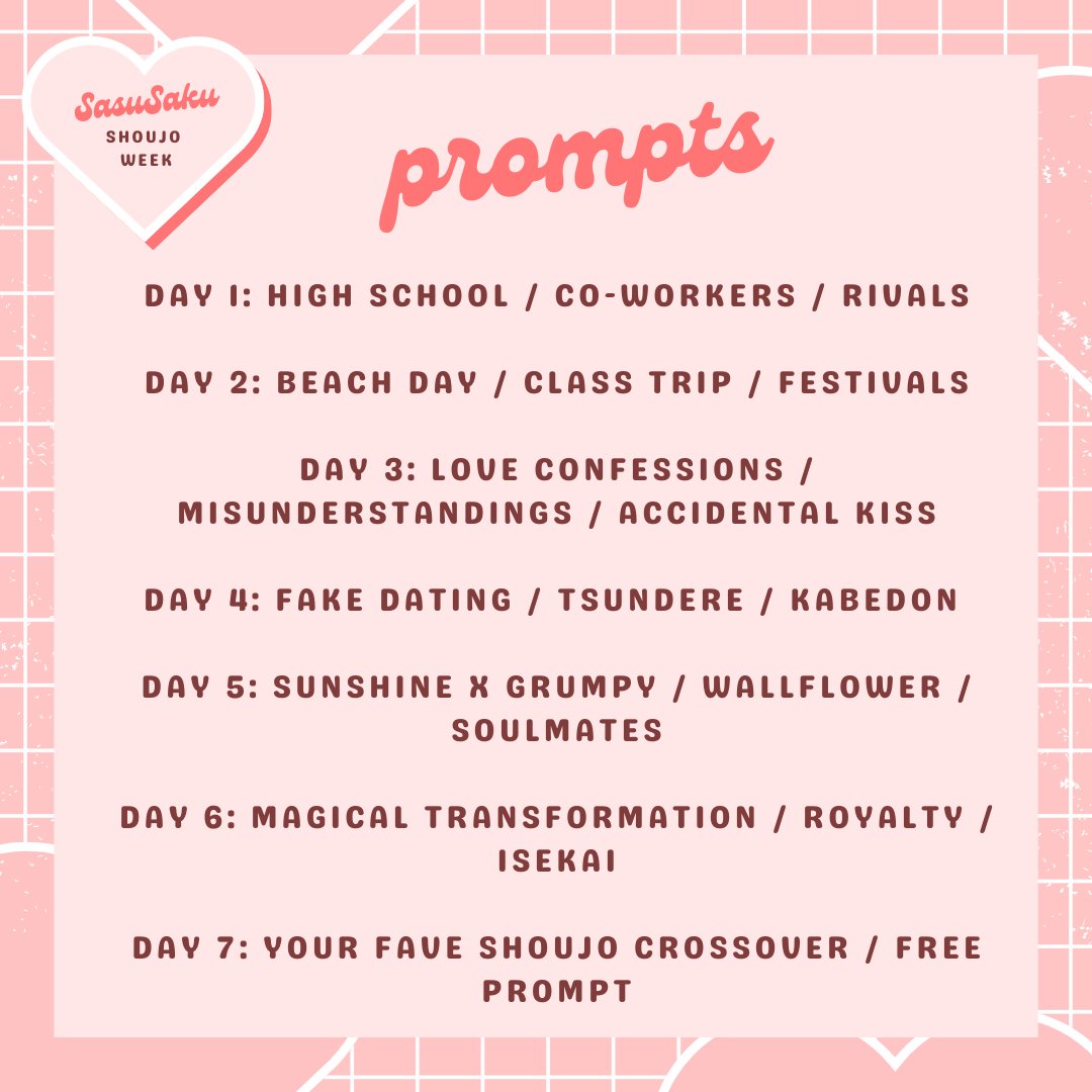 SSShoujoWeek's tweet photo. ✨ We are so excited to share the prompts for SasuSaku Shoujo Week! ✨

There are multiple prompts for each day so pick your fave prompt (or feel free to mix it up). We can’t wait to see all your shoujo inspired SasuSaku fanworks!

The rules for the event are in the next tweet ↓ https://t.co/h8xBQN67sO
