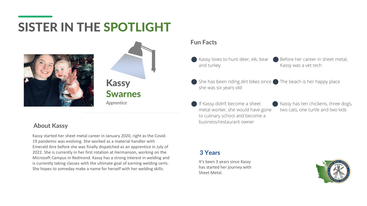 RT @SMARTLocal66 This month's Sister in the Spotlight is Kassy Swarnes. Kassy is a 3rd-year apprentice who started her sheet metal career in January 2020.

#sisterspotlight #womeninconstruction #sheetmetal #tinbender #smartunion #smartnwrc #smartlocal66 #smw66