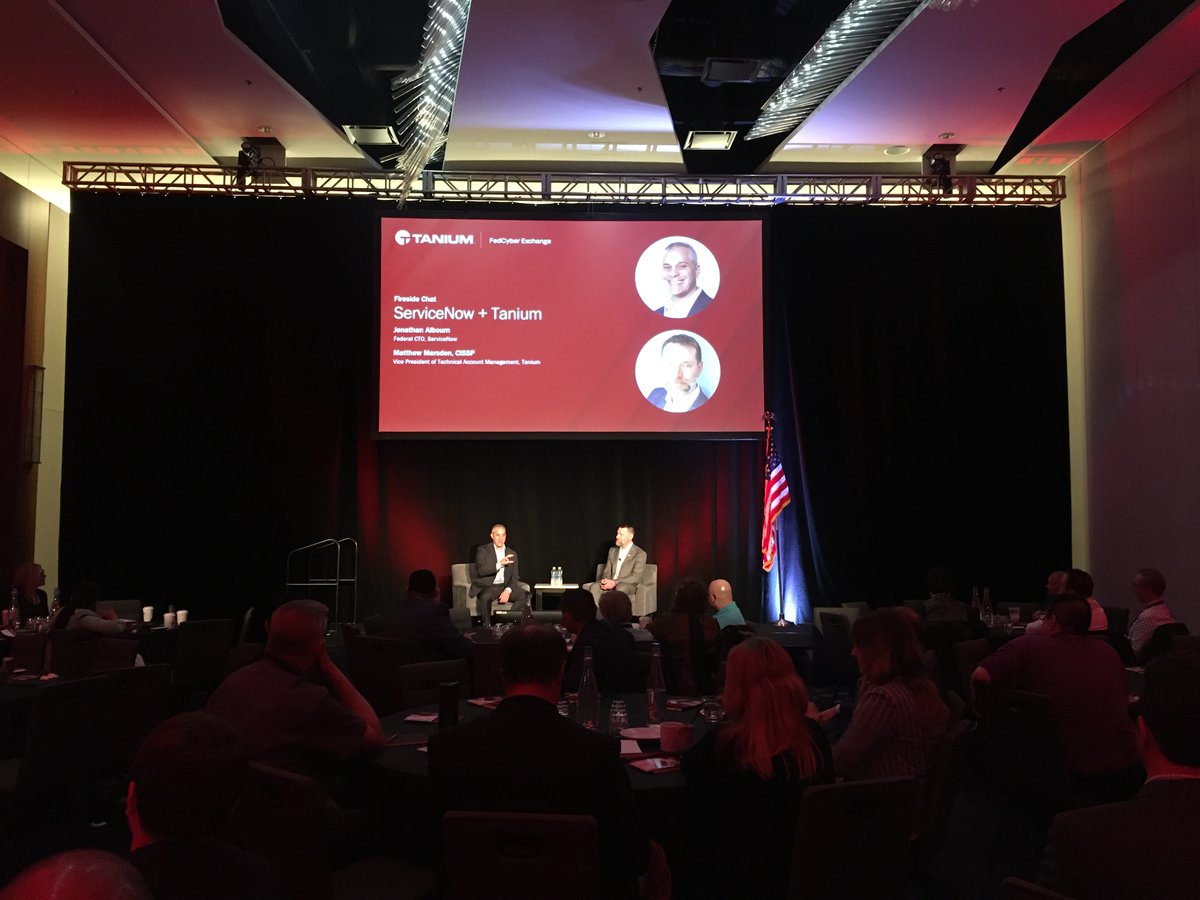 Tanium's tweet photo. .@ServiceNow #PubSec CIO/CTO Jonathan Alboum and Tanium Public Sector VP of TAM Matt Marsden discuss how visibility has changed, why most #fedgov orgs don’t have it and why strategic partnerships are critical to protecting data.
#FedCyberX #BetterTogetther #govsec #datagov https://t.co/EQuOcd0RfN