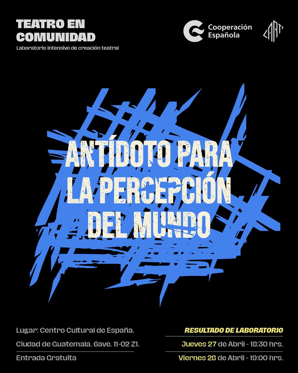 CartiGT's tweet photo. La puesta en escena “Antídoto para la percepción del mundo", es el resultado del Laboratorio Intensivo de Creación Teatral. 

¡Los esperamos en el @CCEGUATEMALA a ser parte de Teatro en comunidad! https://t.co/e4IfPnB5TR