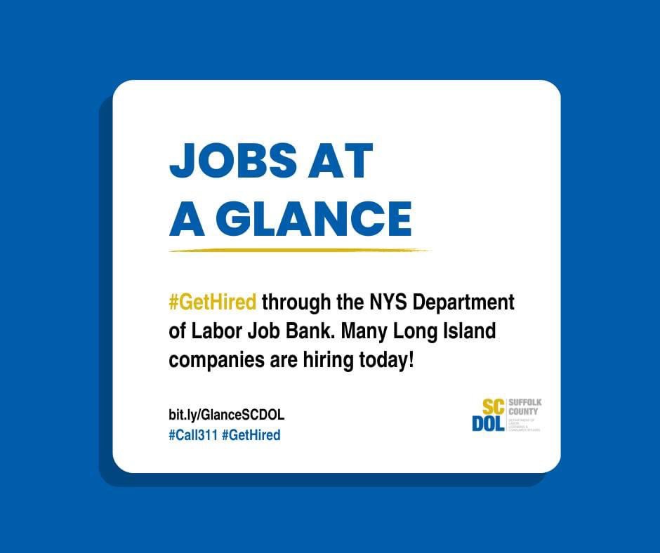 SuffolkLabor's tweet photo. Looking for a new Job? Career? Industry?
Visit https://t.co/SRYU1HrvGy to check out this week's list of hundreds of job opportunities all over Long Island and NYS!
#LIatWork #SucceedInSuffolk #Call311 #GetHired #Opportunity https://t.co/f0LqWSixCT