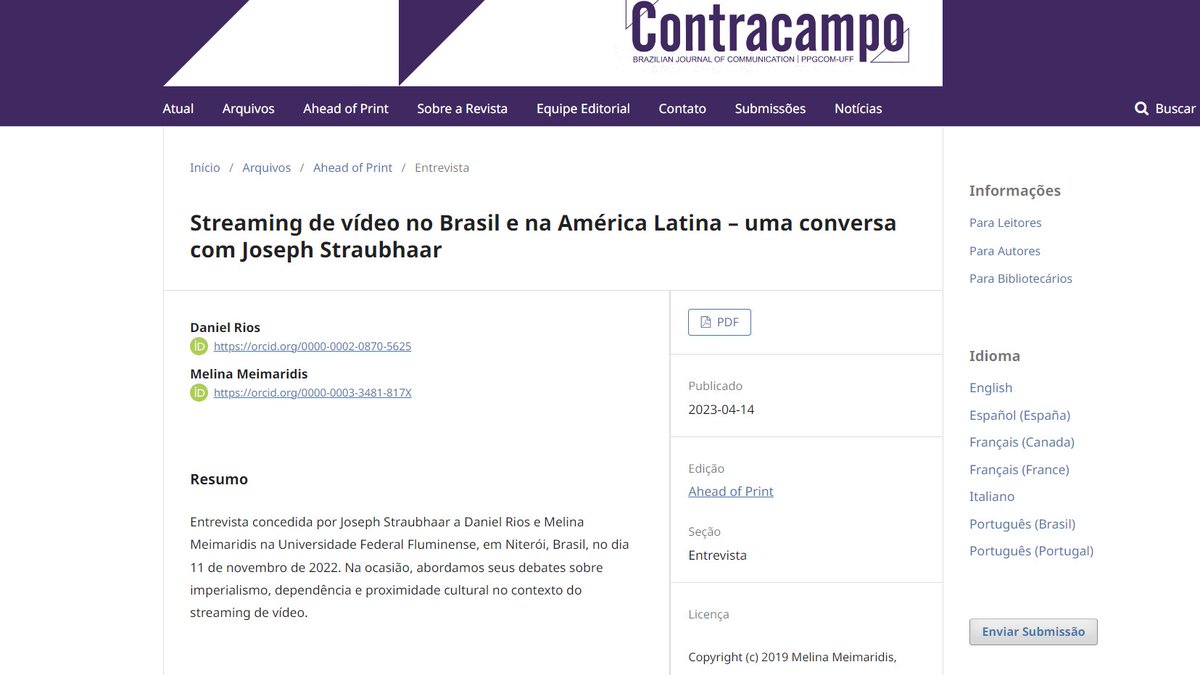 Acabou de ser publicada pela <a href="/contracampouff/">Revista Contracampo</a> a entrevista que eu e o <a href="/danocritico/">Daniel Rios</a> fizemos com o professor e pesquisador Joseph Straubhaar sobre o streaming de vídeo no Brasil e na América Latina. Não deixem de conferir:
periodicos.uff.br/contracampo/ar…
