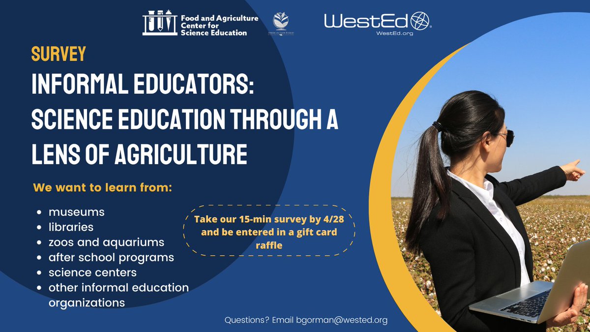 OfficialNGSS's tweet image. Informal science educators: We want to hear from you!

Take a survey to share potential interest or current work connecting science education and #agriculture. Completed responses are eligible for a raffle to win a $10 gift card. #scied 

surveymonkey.com/r/CenterInform…