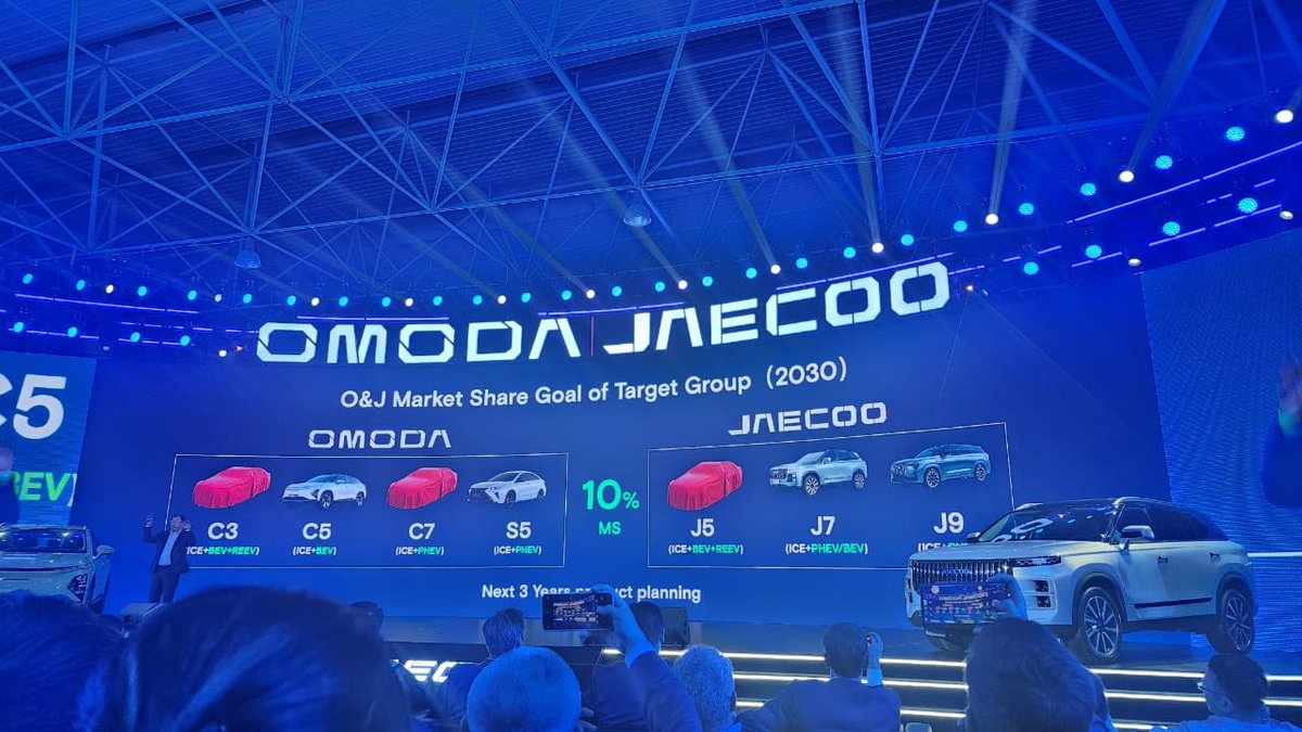 Autocosmos's tweet photo. Esta es la gama de @omodamexicooficial y Jaecoo en el corto plazo. Se adelanta una SUV por nombre J5 en Jaecoo. Así como dos SUVs la C3 y C7 para @omodamexico. Con estos modelos @ChireyMexico pretende obtener un 10% de market share a nivel global en el 2030. #omodaexperience https://t.co/Fq3SkOTJZT