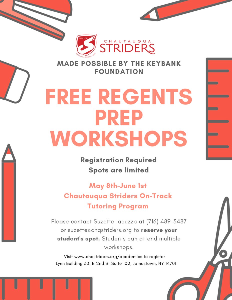SWCSTrojans's tweet image. @chqstriders' On-Track Tutoring Program is facilitating 𝗙𝗥𝗘𝗘 𝗥𝗘𝗚𝗘𝗡𝗧𝗦 𝗣𝗥𝗘𝗣 𝗪𝗢𝗥𝗞𝗦𝗛𝗢𝗣𝗦 between May 8-June 1, 2023, at 301 E. 2nd St., Jamestown.
#TeamSouthwestern #TrojanPride #RegentsPrep
@MoDonahue @coachsals @coopsscoop79 @MatthewKindberg @ThePost_Journal