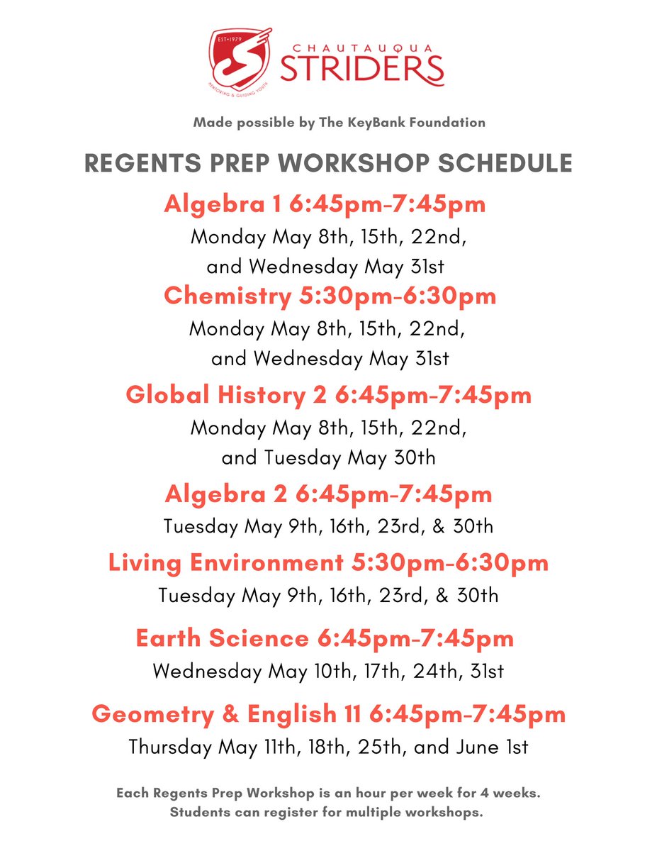 SWCSTrojans's tweet image. @chqstriders' On-Track Tutoring Program is facilitating 𝗙𝗥𝗘𝗘 𝗥𝗘𝗚𝗘𝗡𝗧𝗦 𝗣𝗥𝗘𝗣 𝗪𝗢𝗥𝗞𝗦𝗛𝗢𝗣𝗦 between May 8-June 1, 2023, at 301 E. 2nd St., Jamestown.
#TeamSouthwestern #TrojanPride #RegentsPrep
@MoDonahue @coachsals @coopsscoop79 @MatthewKindberg @ThePost_Journal