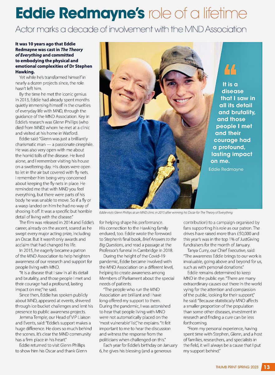 bespokeredmayne's tweet image. Very proud that @mndassoc quarterly magazine has published my article on #EddieRedmayne’s dedication as a patron. He kindly answered questions from me during fans’ annual birthday fundraiser. Support MNDA’s work in Eddie’s name year-round at justgiving.com/page/happybirt…