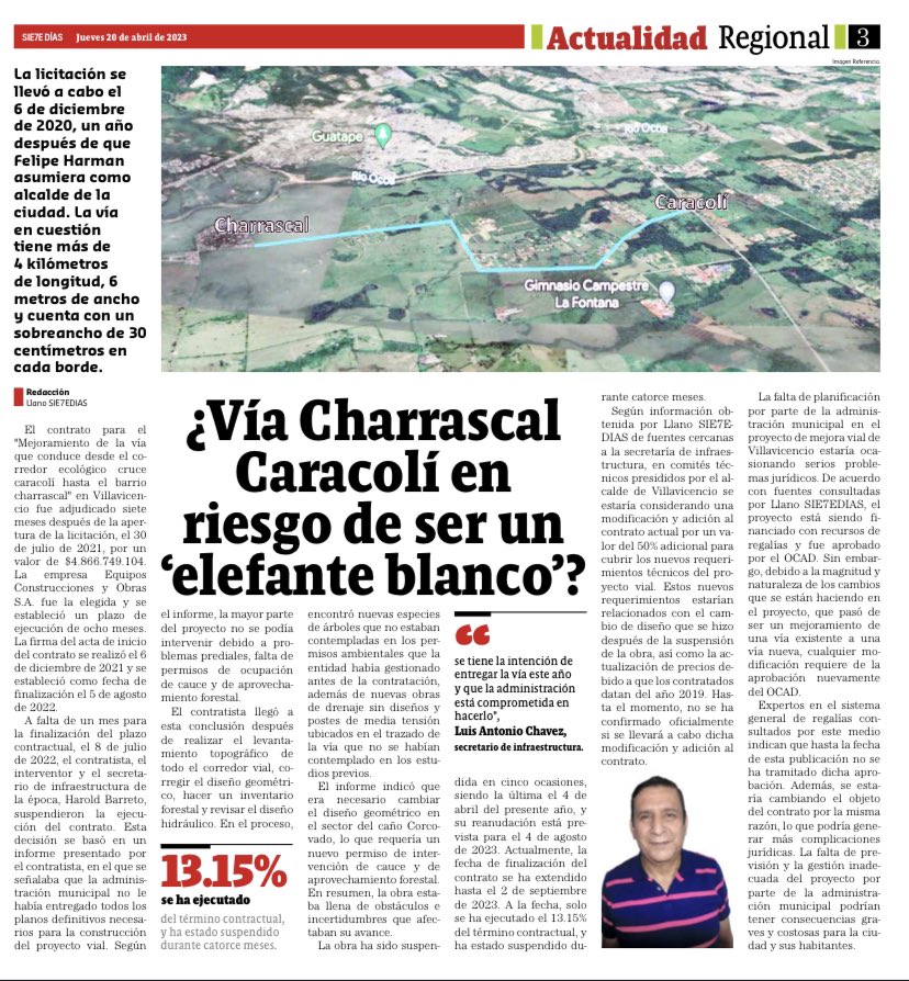 A tres meses de iniciar elecciones, <a href="/harmanfelipe/">Harman Felipe</a> buscaría adicionar $2.450 millones, 50% de valor inicial de vía Charrascal-Caracolí #Villavicencio. Ya se incumplió tiempo de obra.

Cuando se pone por encima “los negocios socio” que “defensa de lo público” pasa esto. Indignante.