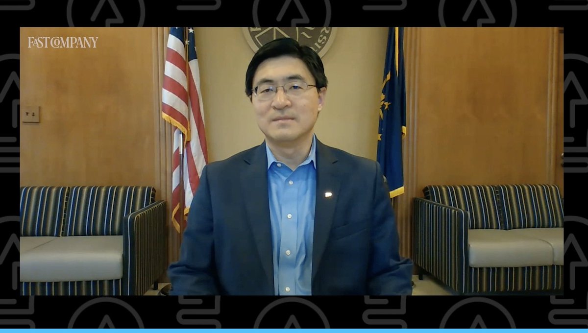 FastCompanyLive's tweet photo. Our first one-on-one today is with Mung Chiang, President of our most innovative university @LifeAtPurdue.

Purdue is coming upon 12 years of a tuition freeze for students, showing "it is possible to hold the cost of higher learning down while keeping the quality up.” #MICsummit https://t.co/c7rlq2L2We