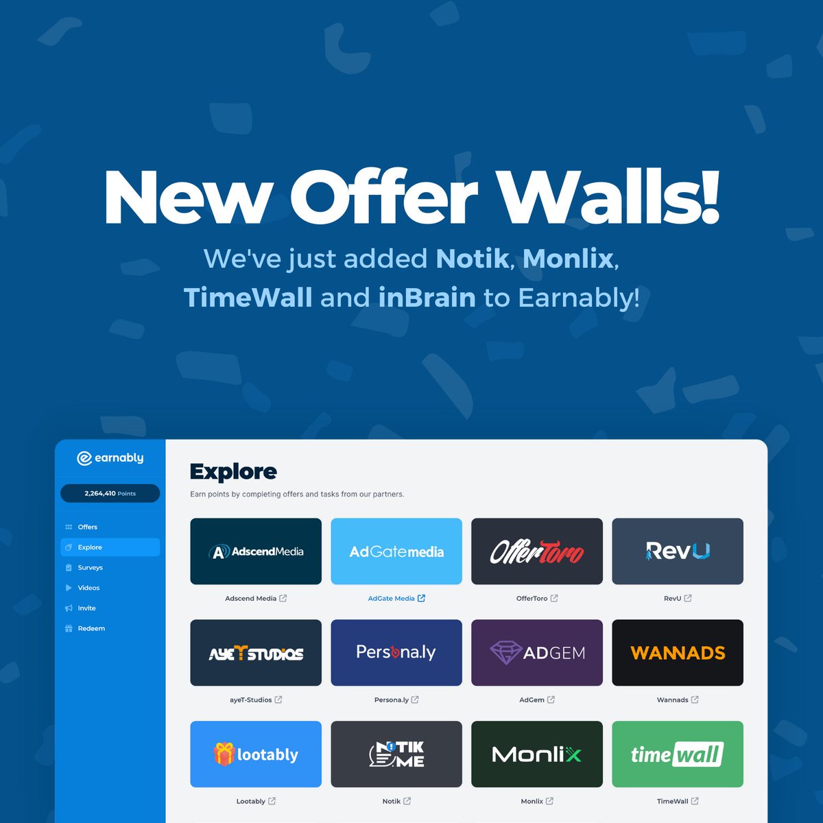 Earnably's tweet photo. We've just added 3 new offer walls and a brand new survey wall!

✅ Added Notik, Monlix, TimeWall and inBrain
✅ Added over 25k new and exclusive offers
✅ Added thousands of new surveys with inBrain https://t.co/EFLwN4BuIL
