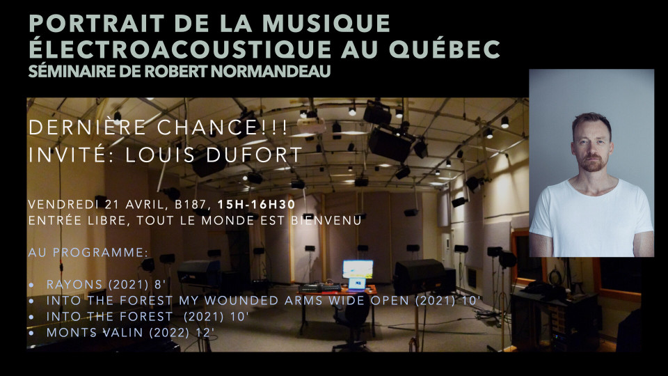 Dear friends, as part of Robert Normandeau's Portrait of Electroacoustic Music in Quebec Seminar, I will present 4 works on the 32-speaker dome. These are recent pieces whose common denominator is the love I have for our boreal forest. louisdufort.bandcamp.com