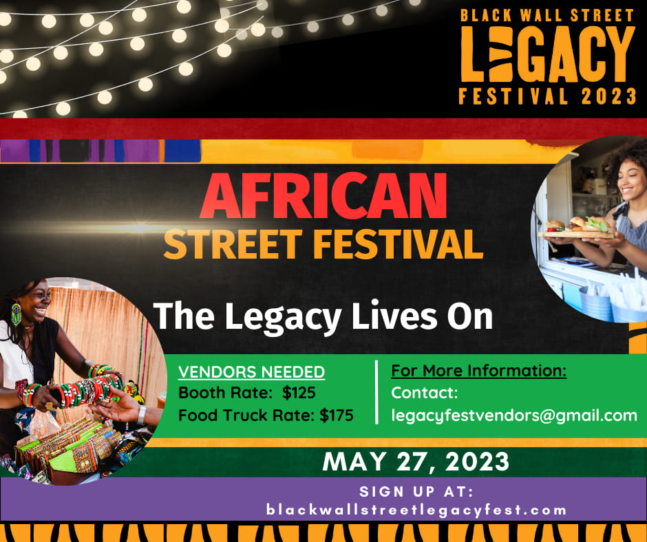 Legacy Fest is back and calling for Vendors and Food Trucks!! Space is limited!! 

Contact: legacyfestvendors@gmail.com

#tulsa #blackexcellence #blackentrepreneurs #buyblack