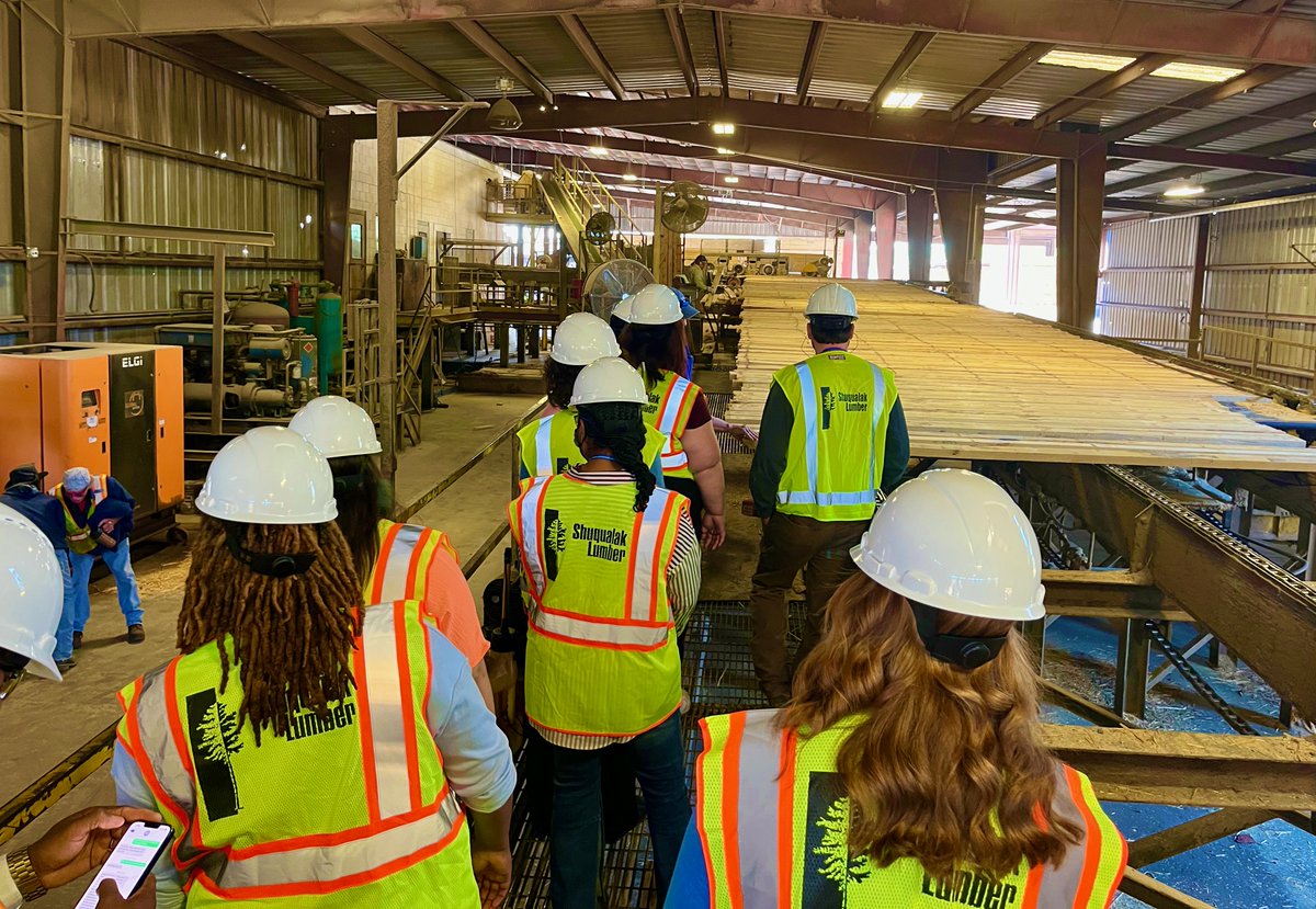 ms_forestry's tweet photo. MFA Comm Coord Lauren Hawkins &amp; MLMA Exec Dir Ellery Jones took Accelerate MS career coaches to visit Shuqualak Lumber Company &amp; Barge Forest Products  to promote forestry jobs to students. Tour leaders also discussed sustainability &amp; certification. @sfiprogram   #forestryworks https://t.co/B1exk3xYp3