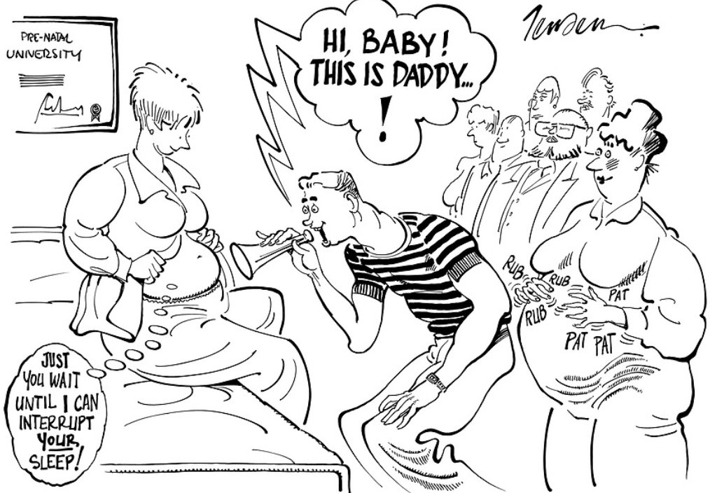 'Hi, Baby! This is daddy...!' Order your prints: punch.co.uk #punchmagazine #punchcartoons #illustration #drawing #art #cartoonart #publishing #britishhumour #1980s #fleetstreet #JohnJensen #babies #parents #pregnancy #prenatal #antenatal #midwife #sleepdeprivation