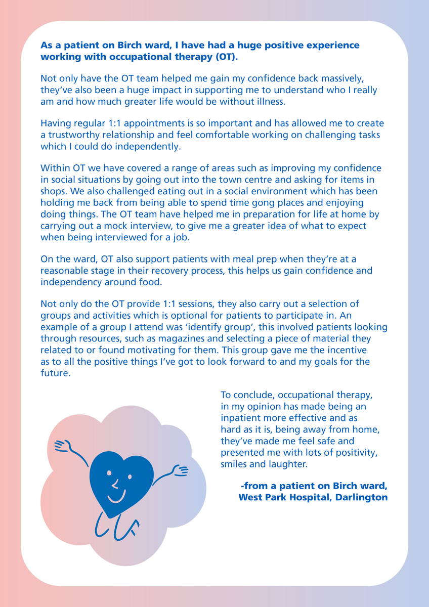 TEWV's tweet photo. “The OT team helped me gain my confidence back massively, they've also been a huge impact in supporting me to understand who I really am and how much greater life would be without illness.” https://t.co/80fbAtOpOS