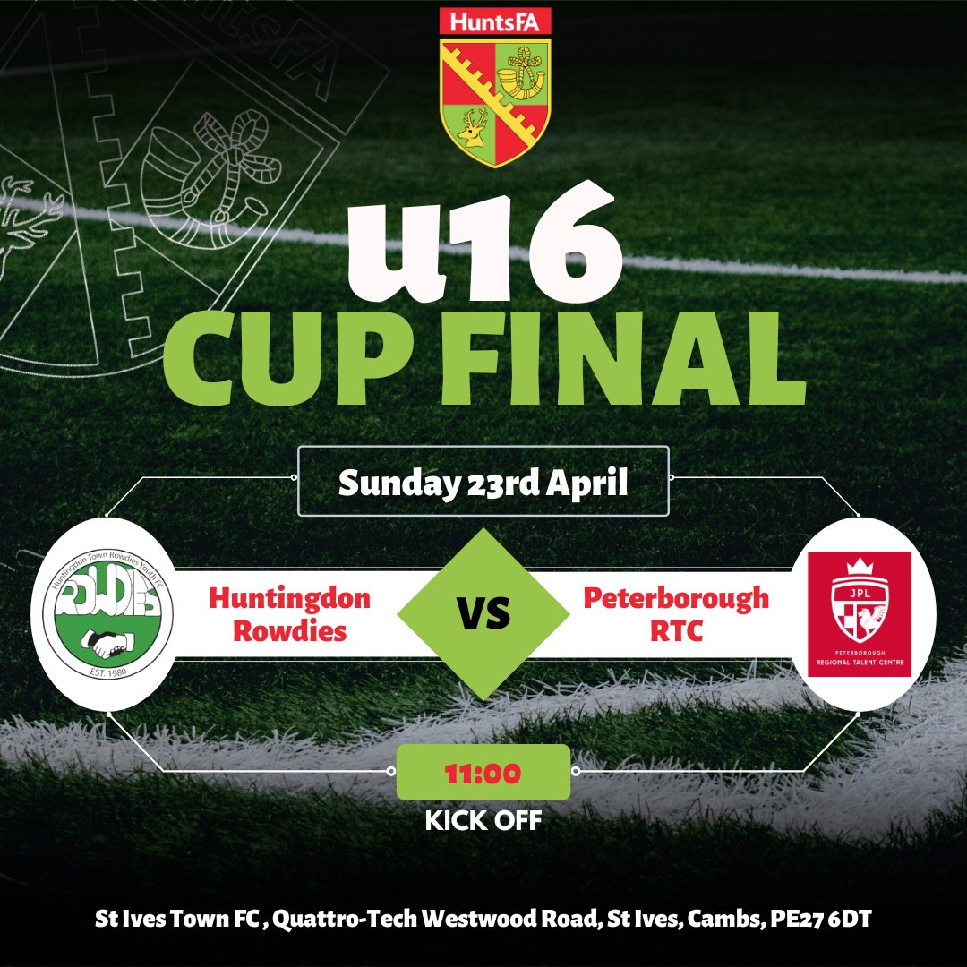Just over 24 hours to go until our u16 County Cup Final <a href="/stivestownfc/">St Ives Town FC</a> between <a href="/HuntsRowdies/">Huntingdon Town Rowdies</a> and <a href="/PeterboroughRTC/">Peterborough Regional Talent Centre</a> 11am Kick Off! @StattooArtists