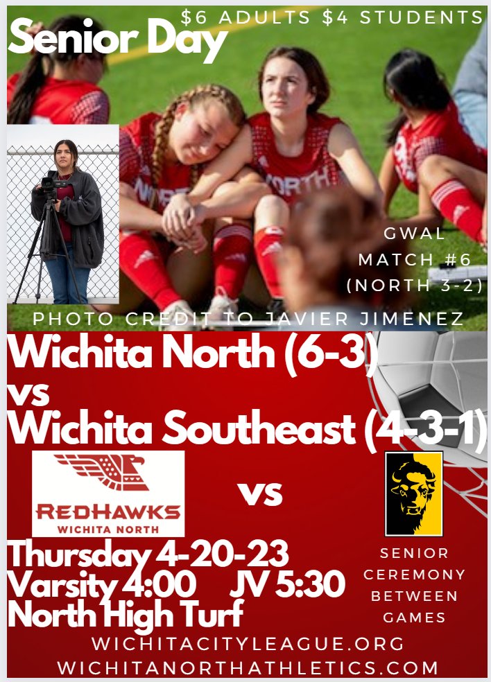 CWullschleger's tweet photo. Senior Day!  Come support your soccer team as we take on Wichita Southeast!  Varsity 4:00, JV 5:30.  Wear red, be loud, go North!  Thank you Seniors!
@WNorthAD @wnhsmedia @GWALSoccer https://t.co/r4M0iHyJHv