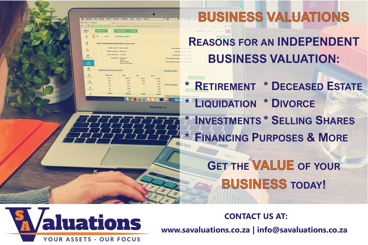 SaValuations's tweet photo. Business Valuation Thursday!
Get your Independent Business Valuation Today!
Prepare for the future!
#business #businessvaluation #yourassetsourfocus #investments #shares #retirement #deceasedestates #liquidation #divorce #financing https://t.co/w11NjmZMnw