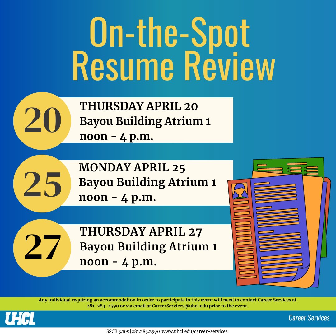 Need to improve your resume or don't know how to start one?❓❓
Be sure to stop by our table to during the listed times and dates so that we can help you!💻📝✅
.
.
#UHCL #CareerServices #Resume #ResumeReview #ResumeHelp
