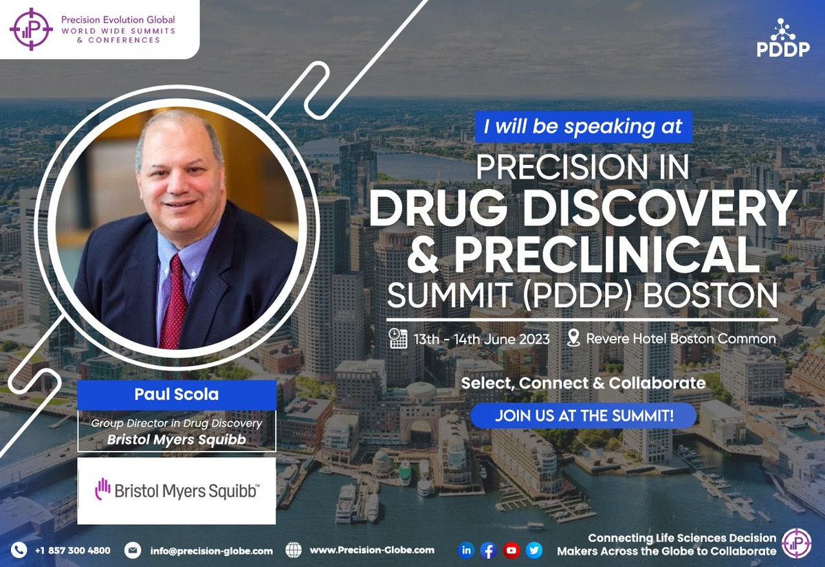 PrecisionEvolu1's tweet photo. Don't miss out on the chance to meet Paul Scola, Group Director in Drug Discovery from Bristol Myers Squibb, at the #PDDPSummit in downtown #Boston! 

To learn more, email info@Precision-Globe.com today!

#DrugDiscovery #Preclinical #LifeSciences #AI #ML #Data #KeynoteSpeaking https://t.co/2HfsCAMlRC