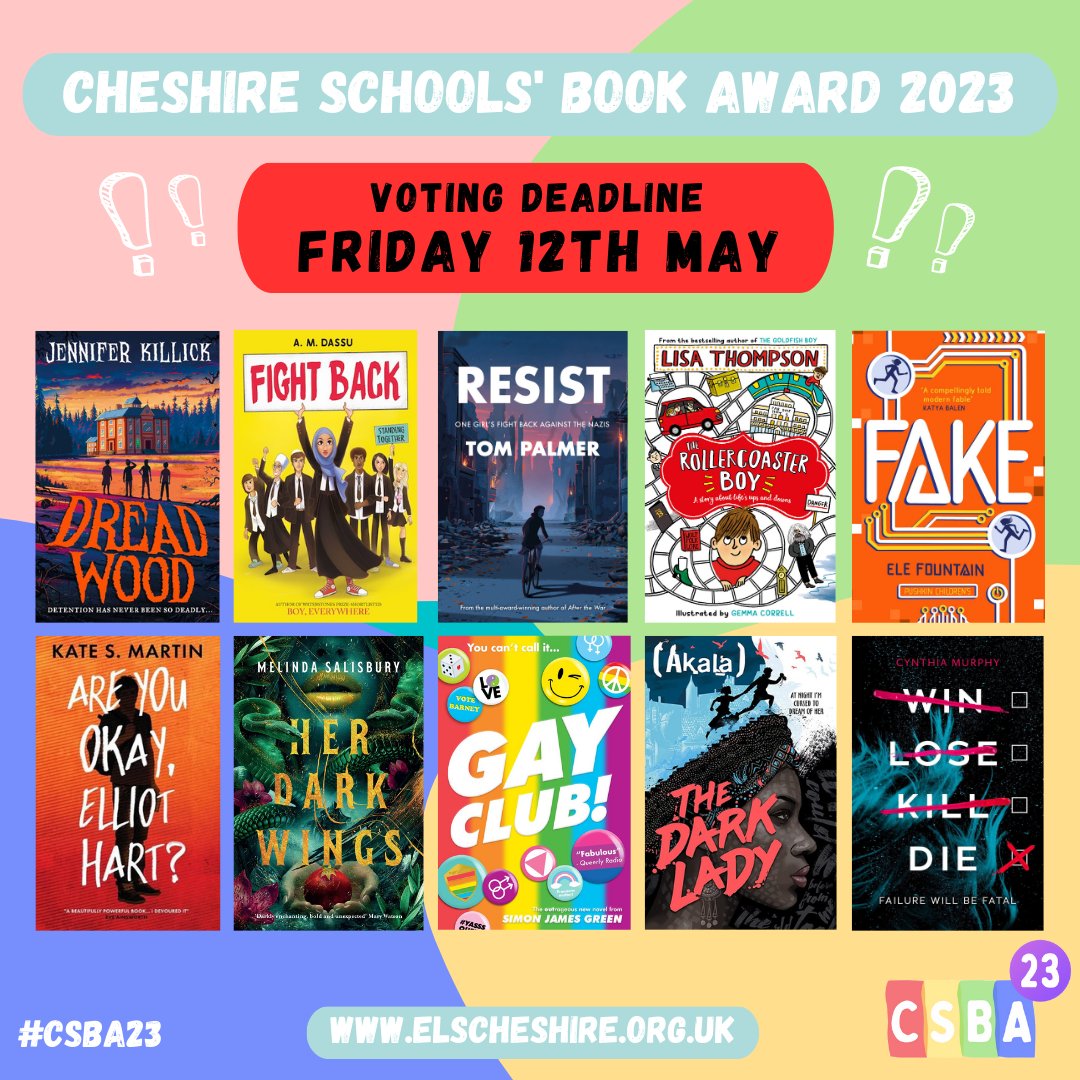 CheshireELS's tweet photo. Voting for the #CheshireSchoolsBookAward2023 is now open! Participating schools, please send your votes to us before 5pm on Friday 12th May! #CSBA23 https://t.co/35FqkFLNuR