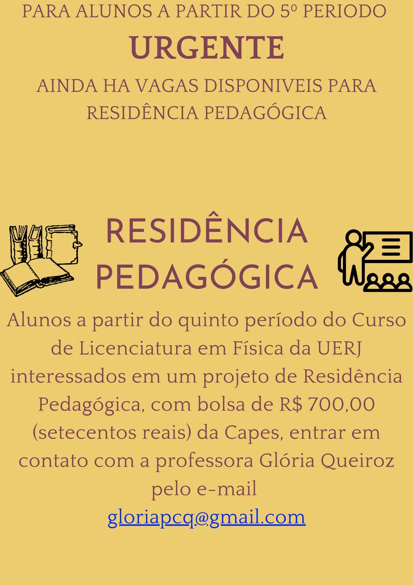 IFADT_UERJ's tweet photo. URGENTE

Alunos a partir do quinto período do Curso de Licenciatura em Física da UERJ interessados em um projeto de Residência Pedagógica, com bolsa de R$ 700,00 (setecentos reais) da Capes, entrar em contato com a professora Glória Queiroz pelo e-mail gloriapcq@gmail.com https://t.co/ydaLLDyiyh