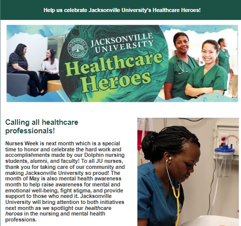 Dr. Christine Sapienza (@ju_evp) on Twitter photo If you or a loved one works in a healthcare profession, post about it on social media and tag @jacksonvilleu, <a href="/jualumni/">JU Alumni Network</a>, or @ju_counseling during the month of May for a shoutout!
#PhinsUp 🐬 If you or a loved one works in a healthcare profession, post about it on social media and tag @jacksonvilleu, <a href="/jualumni/">JU Alumni Network</a>, or @ju_counseling during the month of May for a shoutout!
#PhinsUp 🐬