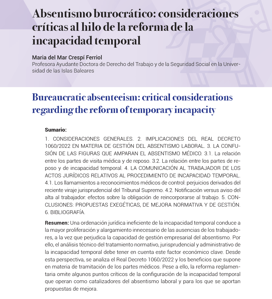 ✍️Acaba de publicarse en la Revista Trabajo y Empresa el artículo en el que analizo las repercusión de algunas novedades jurídicas y de gestión en materia de incapacidad temporal sobre el absentismo laboral.

👁️ Puede leerse gratis aquí: trabajoyempresa.tirant.com/index.php/tye/…