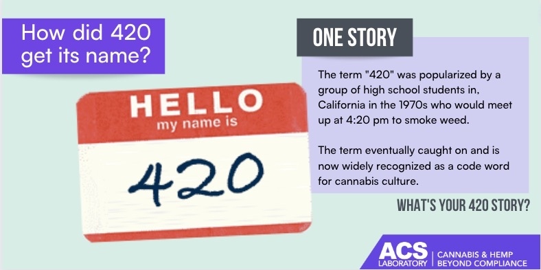 One story of how 420 got its name.
The term '420' was popularized by a group of high school students in, California in the 1970s who would meet up at 4:20 pm to smoke weed.

#cannabistesting #hemptesting #420 #stonedhistory #ACSLaboratory #cannabisculture