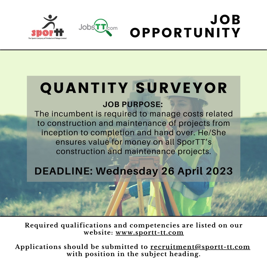 sporttco's tweet photo. SporTT wants you!
Vacancies:
-Administrative Assistant
-Quantity Surveyor
-Officer – Sport Development
For more details on how to apply, head to our website:
( https://t.co/DnKqAn6LbT ) https://t.co/qvjbKEANiQ