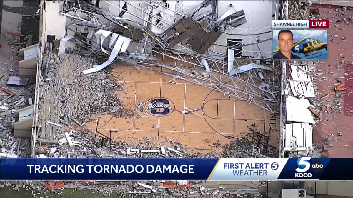 SHAWNEE HIGH SCHOOL: The roof is GONE! You can see all the debris filling the basketball court <a href="/koconews/">koconews</a> #okwx #Tornado