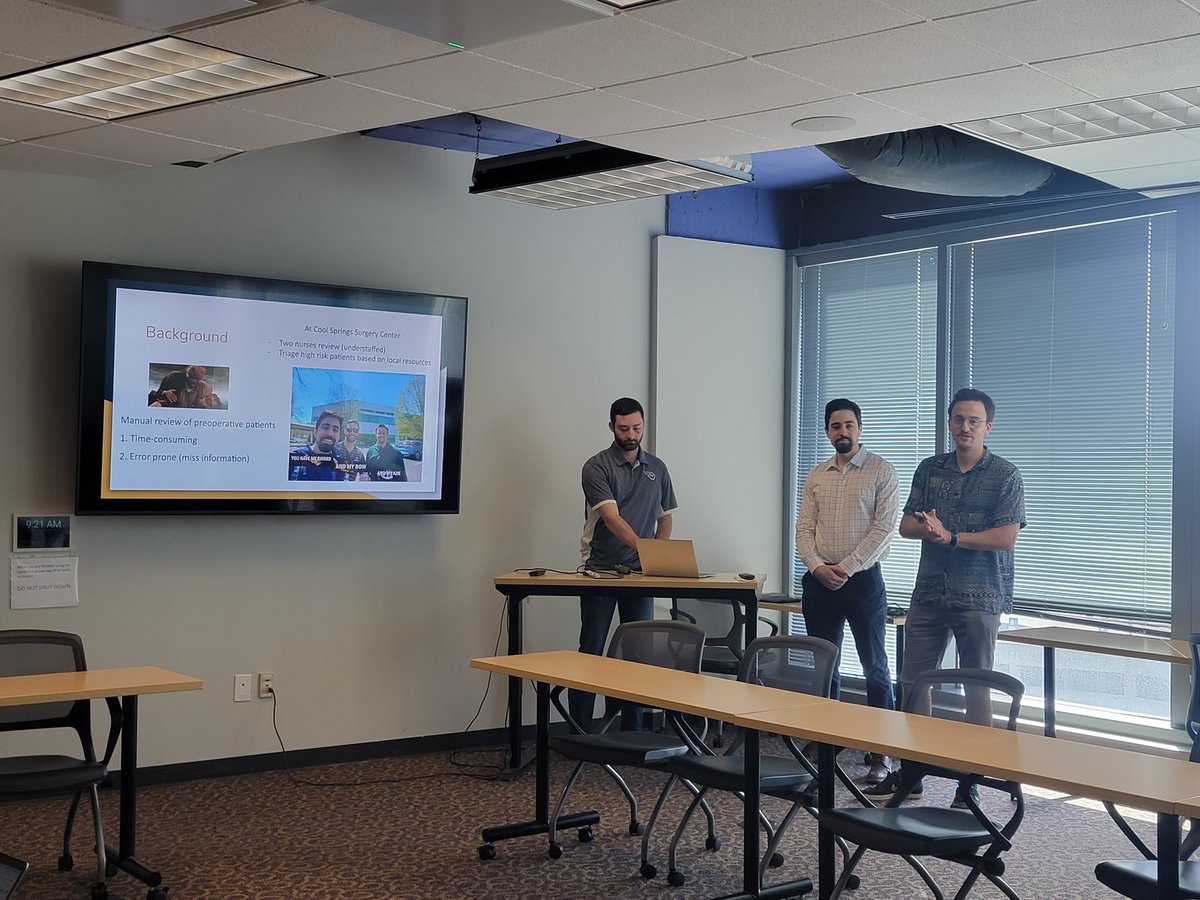 allisonbmccoy's tweet photo. Next, @parkertevans, @JVentoMD, & @MarcoBMota present their work to improve efficiency of surgical patient triage with Dr. Jon Wanderer. https://t.co/UQiSTgYzIY