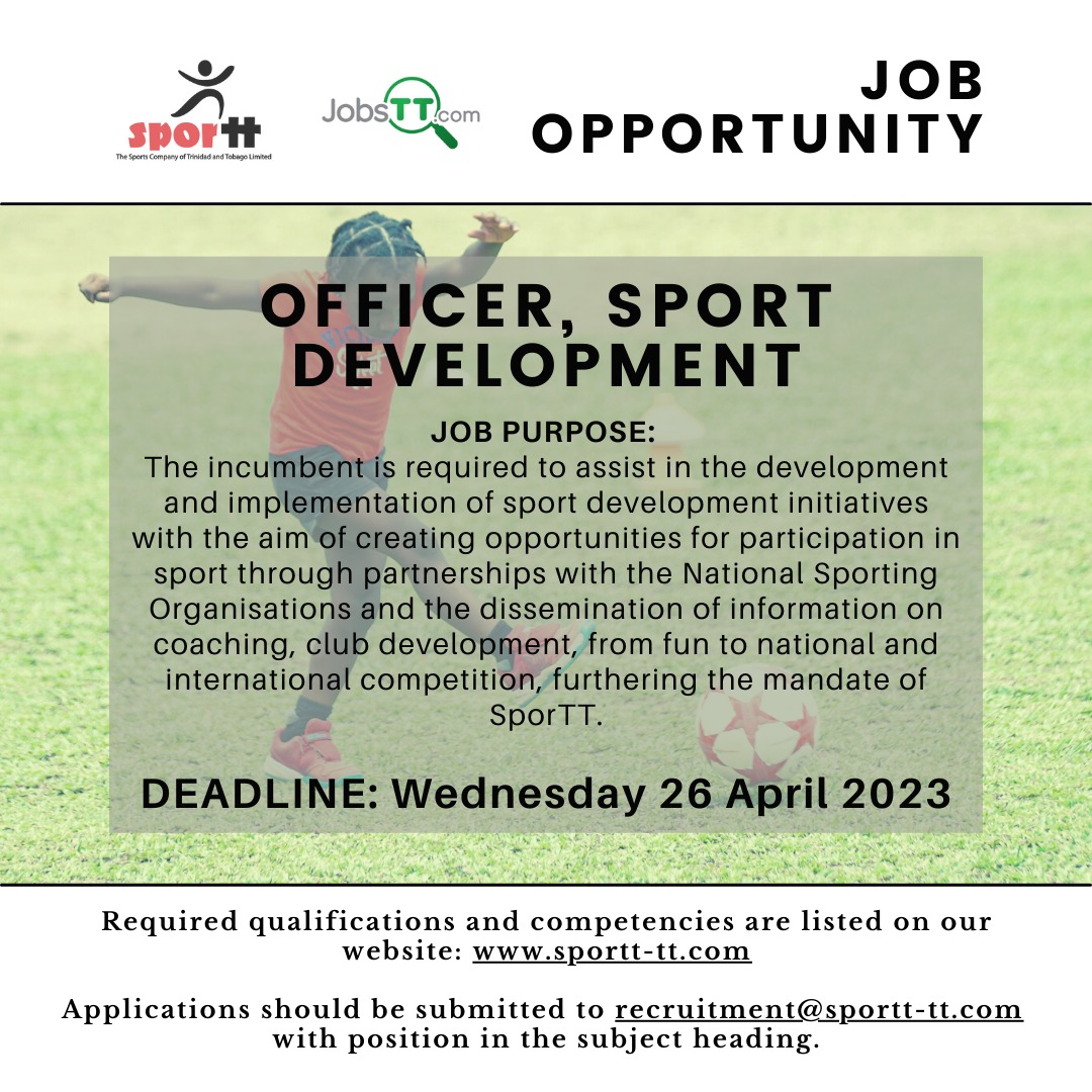 sporttco's tweet photo. SporTT wants you!
Vacancies:
-Administrative Assistant
-Quantity Surveyor
-Officer – Sport Development
For more details on how to apply, head to our website:
( https://t.co/DnKqAn6LbT ) https://t.co/qvjbKEANiQ