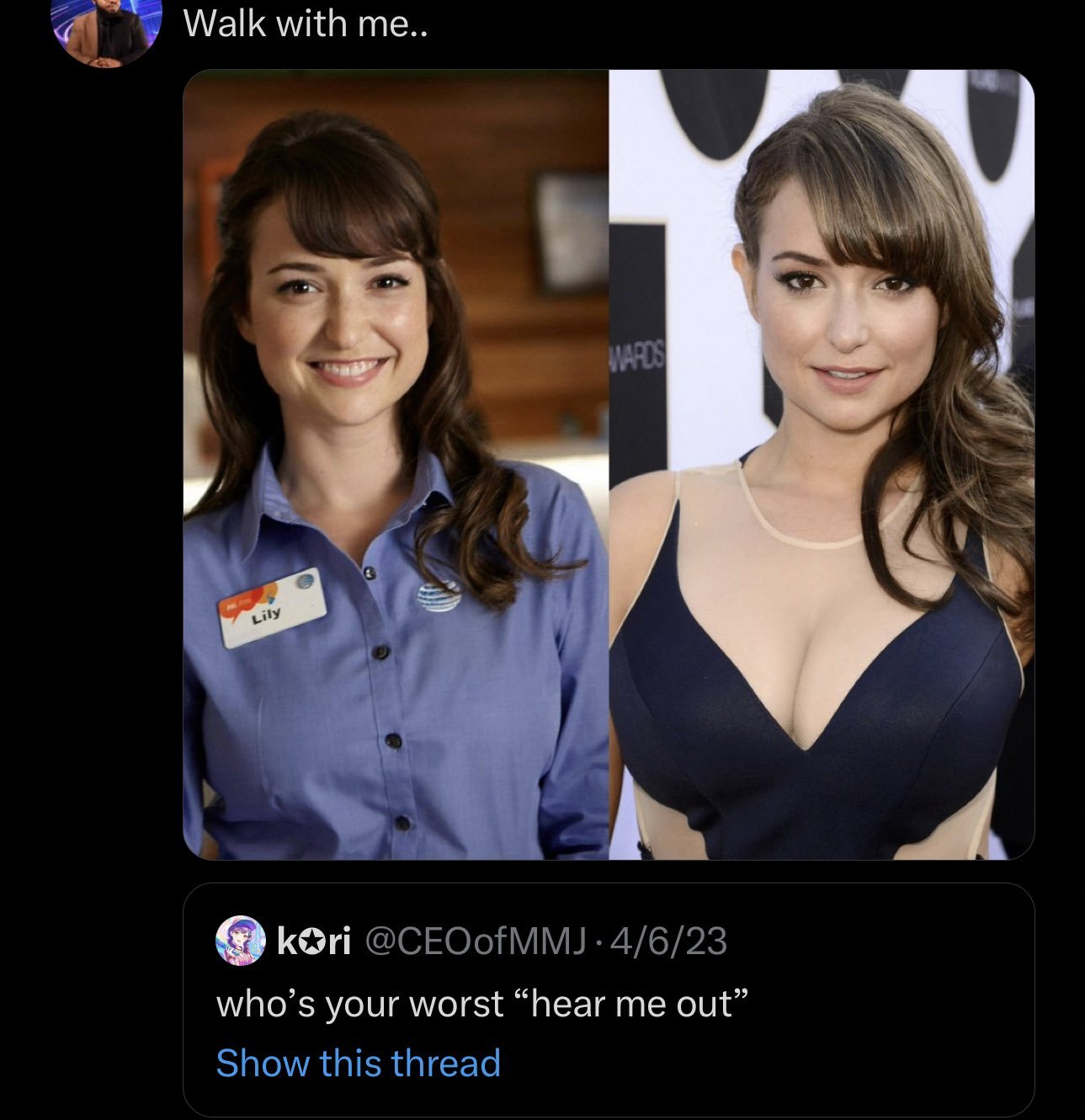 QQ on X: If you think Milana Vayntrub is a hear me out then you watch  way too much porn t.co5zYeUj8Tua  X