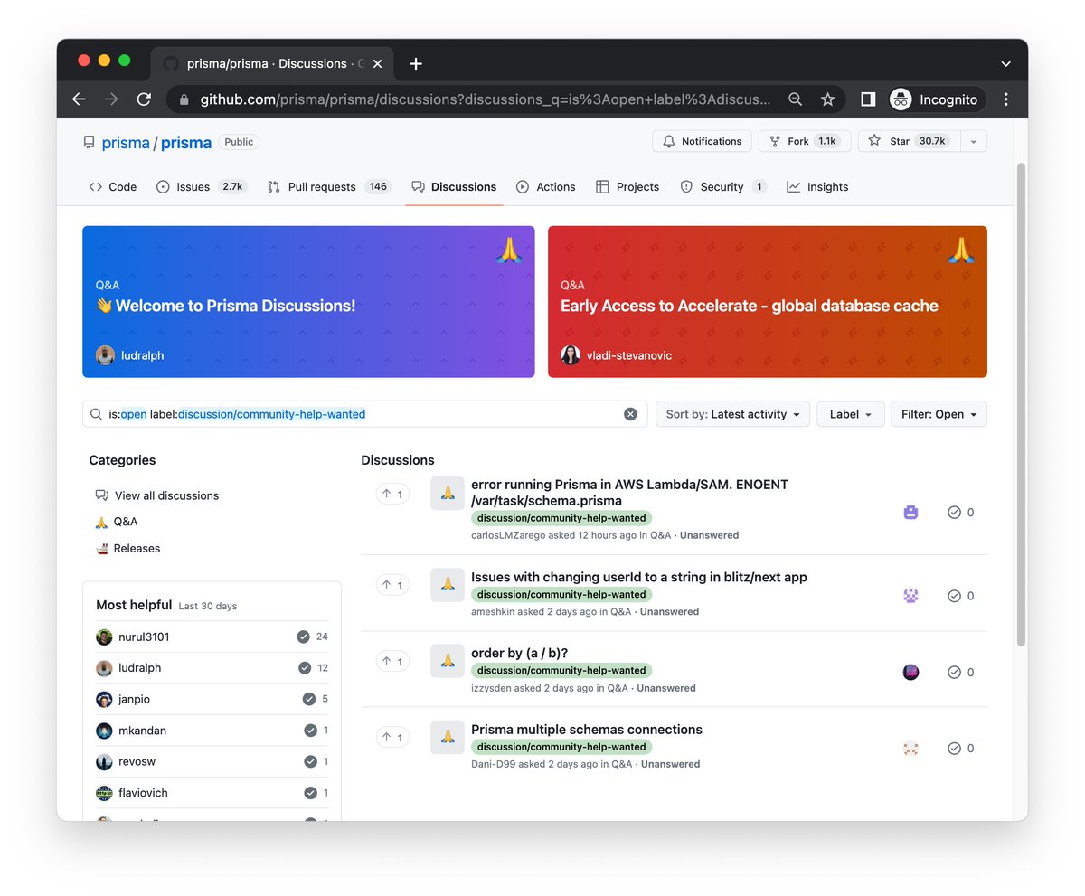 ⁉️ Do you want to use your knowledge to help out other Prisma users in the community? 

💡 Check out our new label `discussions/community-help-wanted` and join the conversation!

👉 github.com/prisma/prisma/…