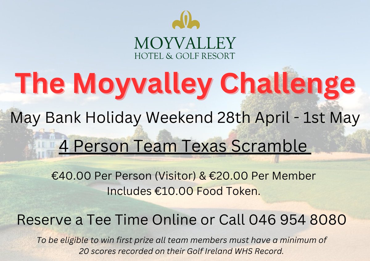 MoyvalleyR's tweet photo. Reserve a Tee Time for The Moyvalley Challenge!  Book early for your preferred tee time and enjoy the round with some fantastic prizes on offer!
Reserve a tee time by clicking on the link below or call the pro shop on 046 954 8080
https://t.co/LvGtGeJPyv... https://t.co/zmje734TYT
