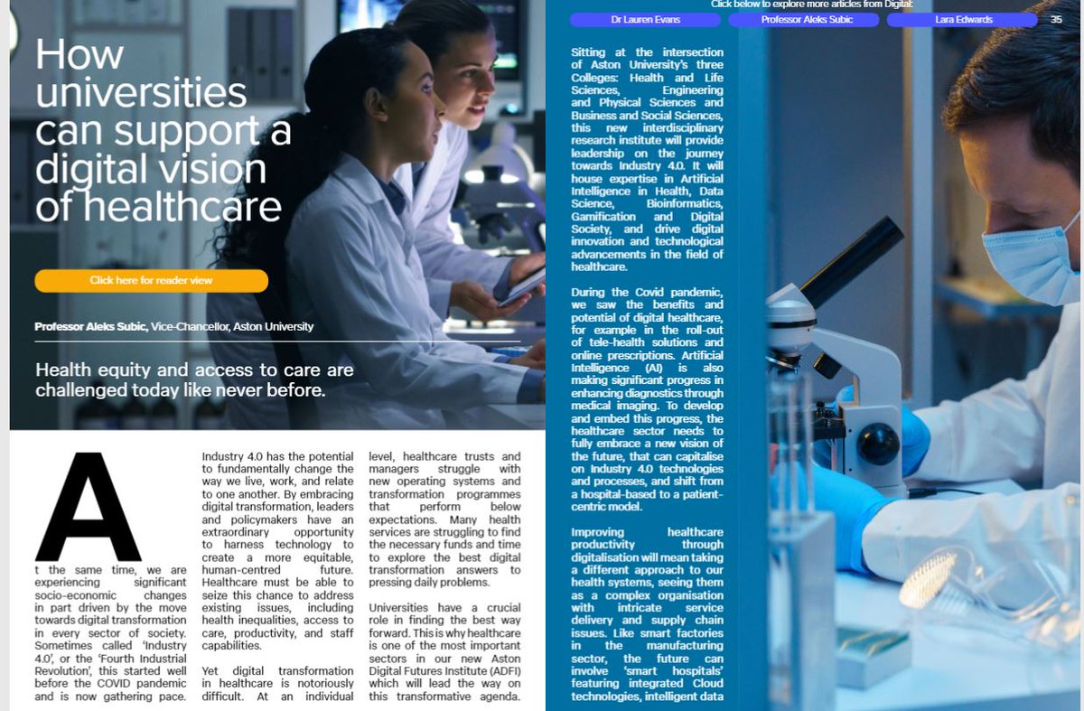 AstonPress's tweet photo. 📝| Great to see @ProfAleksSubic in the National Health Executive writing about how universities can support a digital vision of healthcare 💻💉
Read more👉https://t.co/DQ5jLvNhwe
#TeamAston #OneAston https://t.co/buCClQCk8I