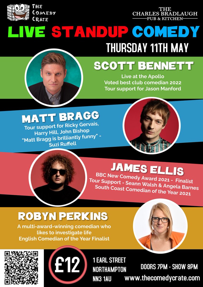 Another cracking comedy night 3 weeks today in #Northampton at <a href="/TheBraddyNN1/">Charles Bradlaugh</a>.
Featuring <a href="/scottbcomedyuk/">Scott Bennett - on tour 2025!</a>
, <a href="/mattbraggcomedy/">Matt Bragg</a>, <a href="/IAmJamesEllis/">James Ellis</a> and <a href="/robynHperkins/">robyn perkins</a> 
Book your tickets here 👇
thecomedycrate.com/northamptontic…
