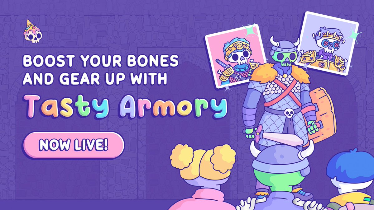 Boost your bones and gear up ☠️

Tasty Armory is now LIVE! 🛡️

Same Dynamic NFT mechanism with more swag! We have added additional abilities to modify and upgrade properties to your Tasty Bones! Upgrade your Tasty Bones with new eyewear, helmets,  body gear, and background, and
