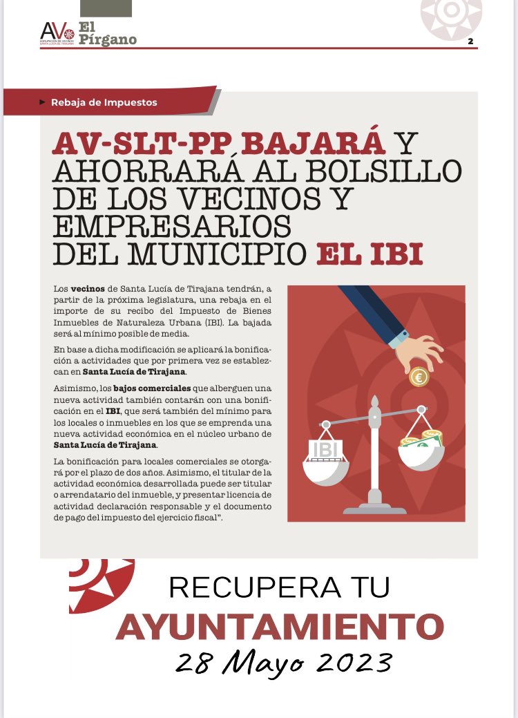 AVSantaLucia's tweet photo. ¡Ya esta aquí el PÍRGANO de este mes! 

Periódico 📰 de nuestro partido para la información de nuestros vecinos de Santa Lucía de Tirajana.

#RecuperaTuAyuntamiento
#LosVecinosEstánParaAyudarse
#AVSLT
#PartidoPopular
#Elecciones2023
#28deMayo https://t.co/RK8xYF7Pbn