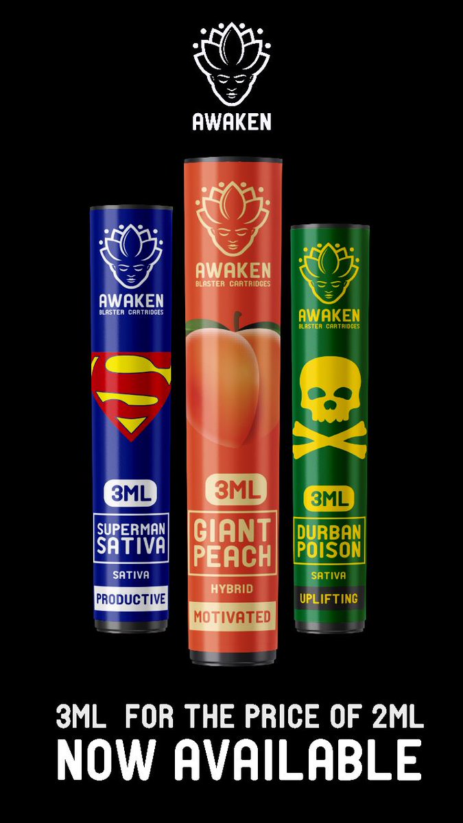 TheKushaderCo's tweet photo. What better way to bring in 🍃420🍃 than with the Awaken 3ml Blaster Carts. Filled with the finest 96.5% distillate and enhanced with the tastiest terpenes, a more incredible vape has never been vaped.

✨Say Hello To✨
Giant Peach
Durban Poison
Superman Sativa

#Cannabis #Four20 https://t.co/5nZxS7DKRO
