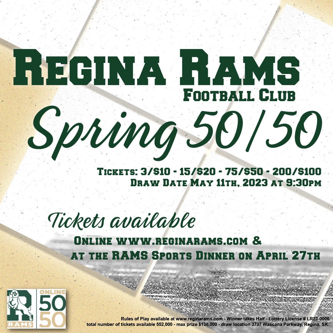 The Rams Spring 50/50 is Live!! Tickets available online. - Draw date: May 11th

reginaramsraffle.5050central.com/Home/SelectTic…