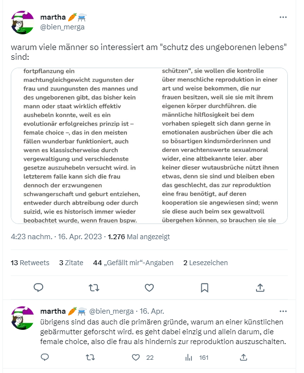 MadEarthMonkey's tweet photo. @NetReaper_ Eine künstliche Gebärmutter hat auch den Zweck, dass Männer sich nicht mehr weiblichem Narzissmus (#FemaleChoice) unterwerfen oder heterosexuell werden müssen. Letztlich haben künstliche Samenbanken für Frauen denselben Zweck. Hat da jemand Angst um seine Privilegien?
#malechoice https://t.co/hYR9WJjD27